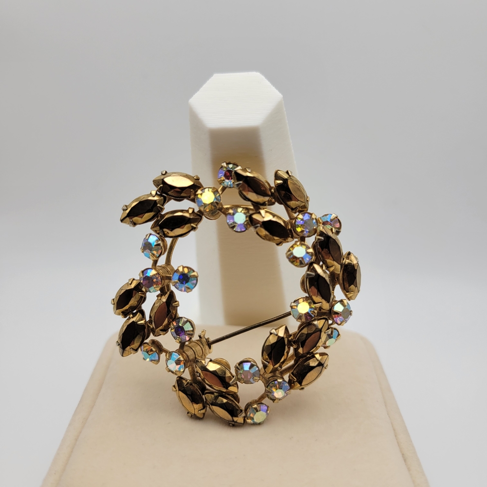 Vintage Aurora Borealis Rhinestones Rivetted Back Wreath Brooch
